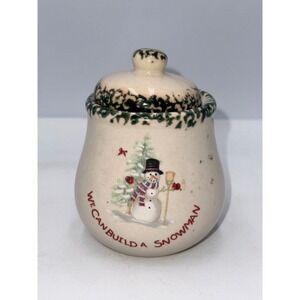 Unbranded Snowman Jam Jar Holiday Cream Green Excellent Stoneware Lidded Pot